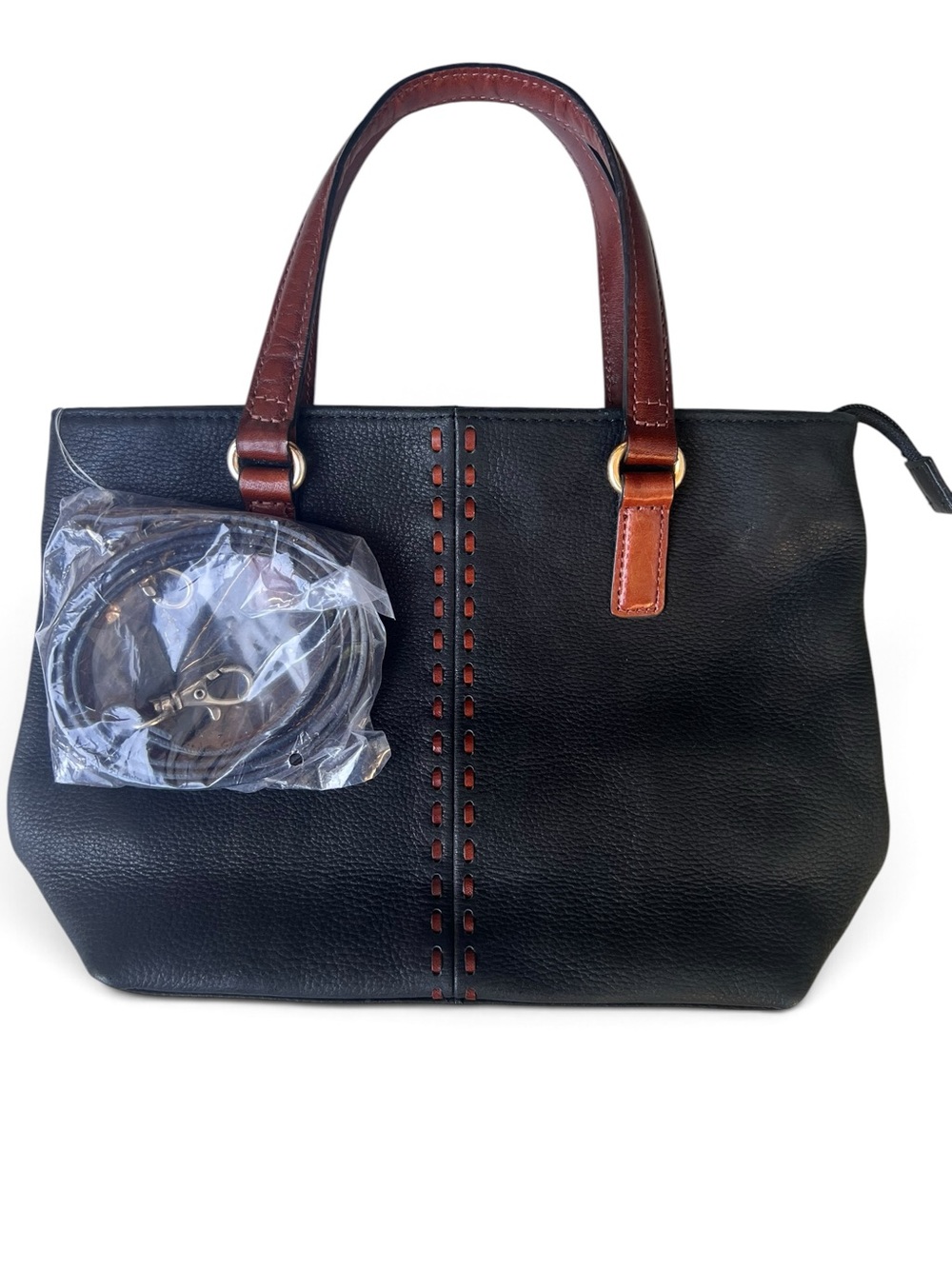 Fossil Black and Brown Pebbled Leather Satchel Crossbody Bag NWOT